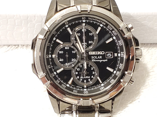 Vintage Seiko Solar Men's Chronograph Date Alarm Black Stainless Steel Watch