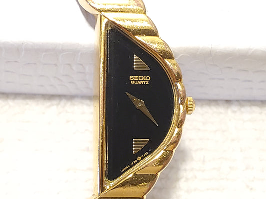 Vintage Seiko Women's Gold Tone Quartz Watch Black Dial Half Moon Stainless Steel