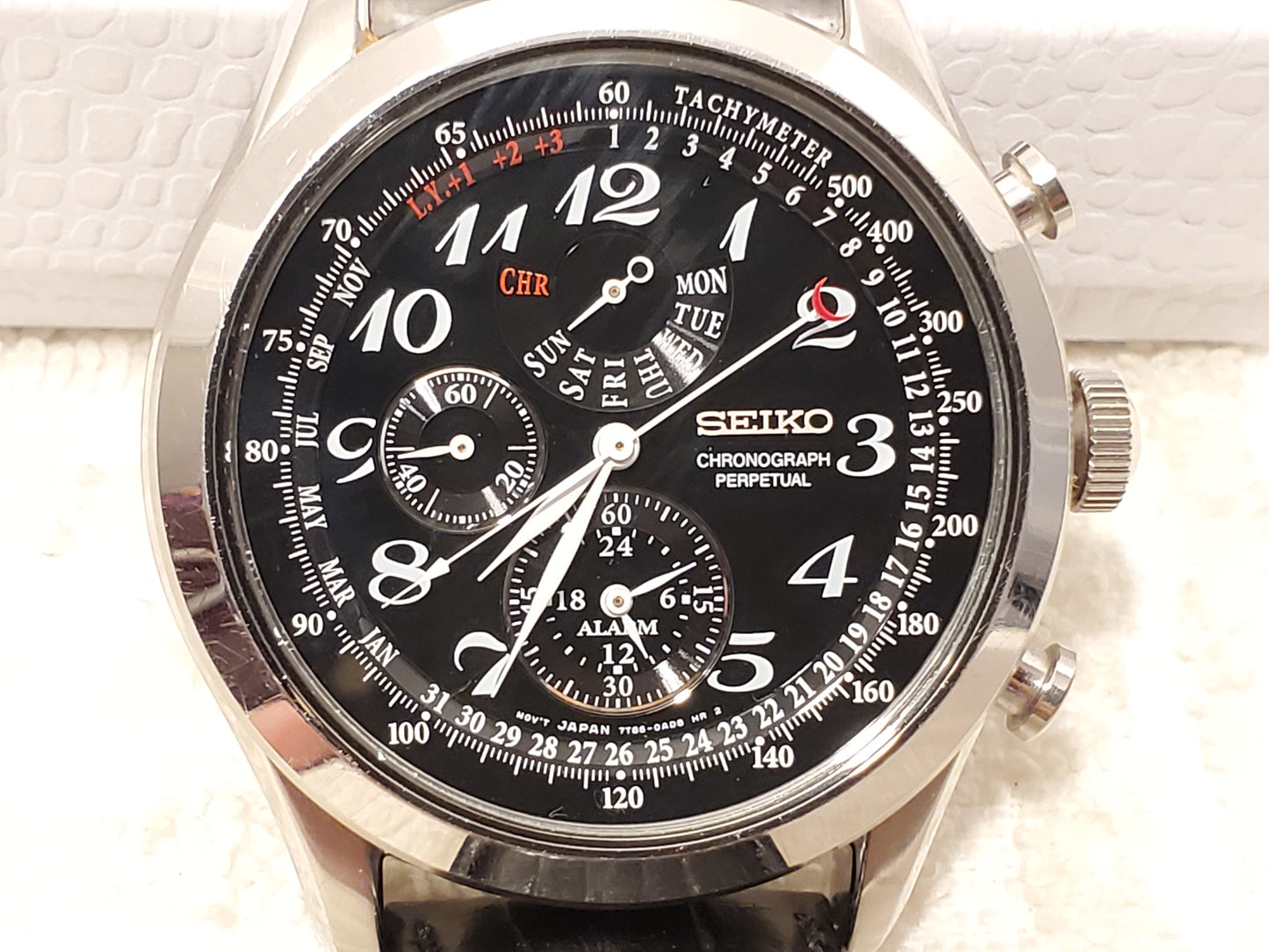 Vintage Seiko Perpetual Calendar Chronograph Alarm Men's Quartz Watch Black Dial Stainless Steel Leather Strap