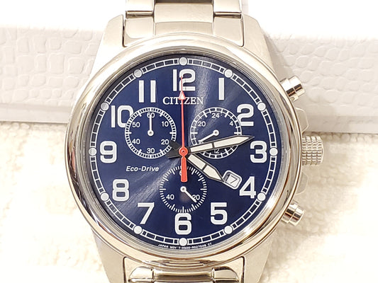 Citizen Eco Drive Men's Chronograph Date Watch Stainless Steel Blue Dial