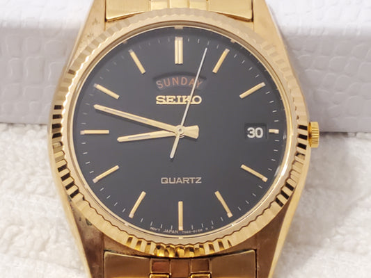 Vintage Seiko Men's Presidential Day Date Quartz Watch Black Dial Gold Tone SS