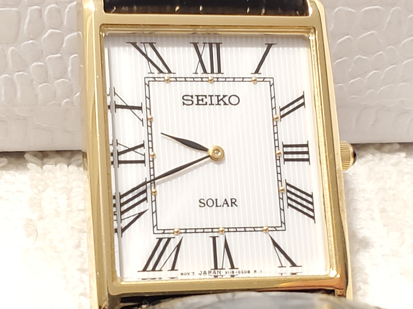 Vintage Seiko Solar Tank Men's Watch Roman Numerals White Dial Black Strap