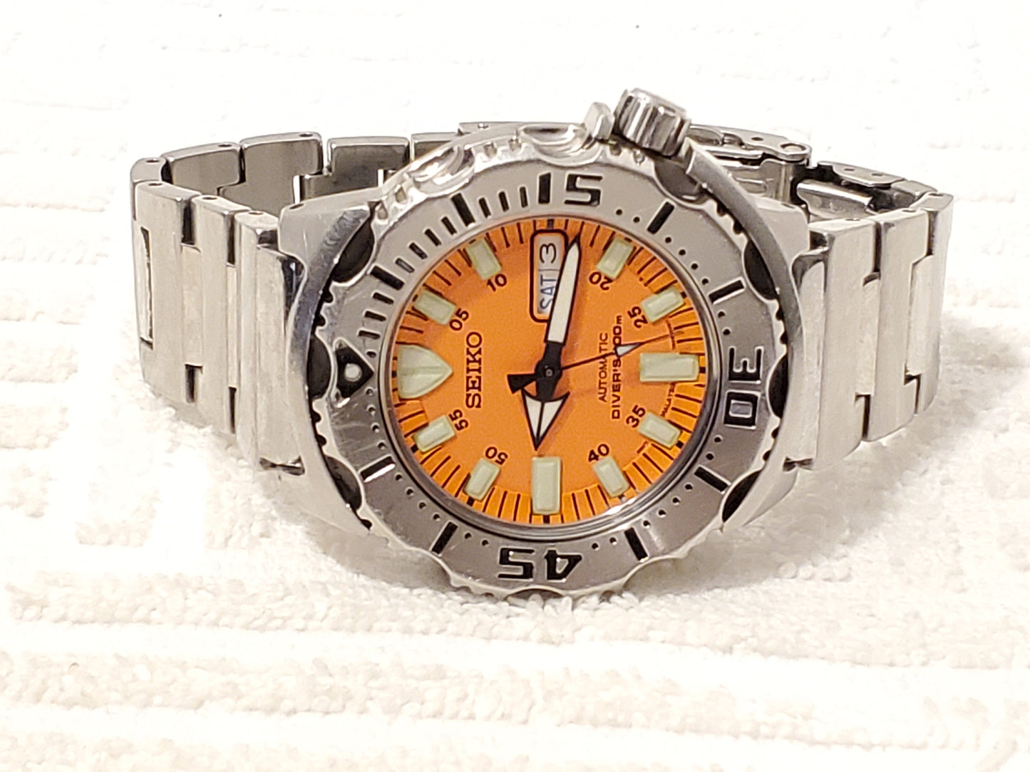 Vintage Seiko Monster Scuba Diver Men's Day Date Watch Orange Dial 21 Jewels