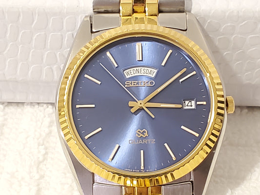 Vintage Seiko SQ Men's Presidential Day Date Quartz Watch Blue Dial Gold Tone SS