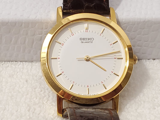 Vintage Seiko Men's Gold Tone Quartz Watch Brown Leather Strap 1 Jewel White Dial